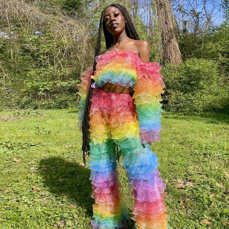 

Rainbow Colorful Layered Organza Women Sets Short Blouse And Long Loose Pant 2 Pieces Gowns Women Maxi Dresses
