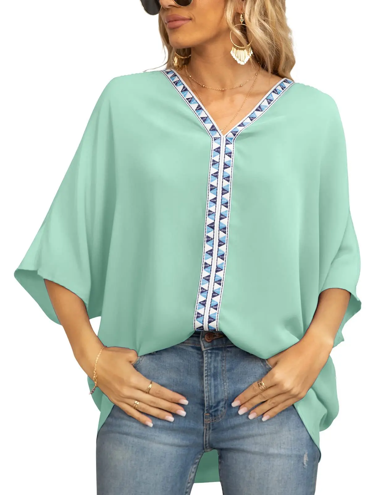 

Summer New Chiffon Solid Loose Shirt Tops Bat Sleeve V Neck Patchwork Pullovers Casual Fashion Blouse For Women Femme Blusas