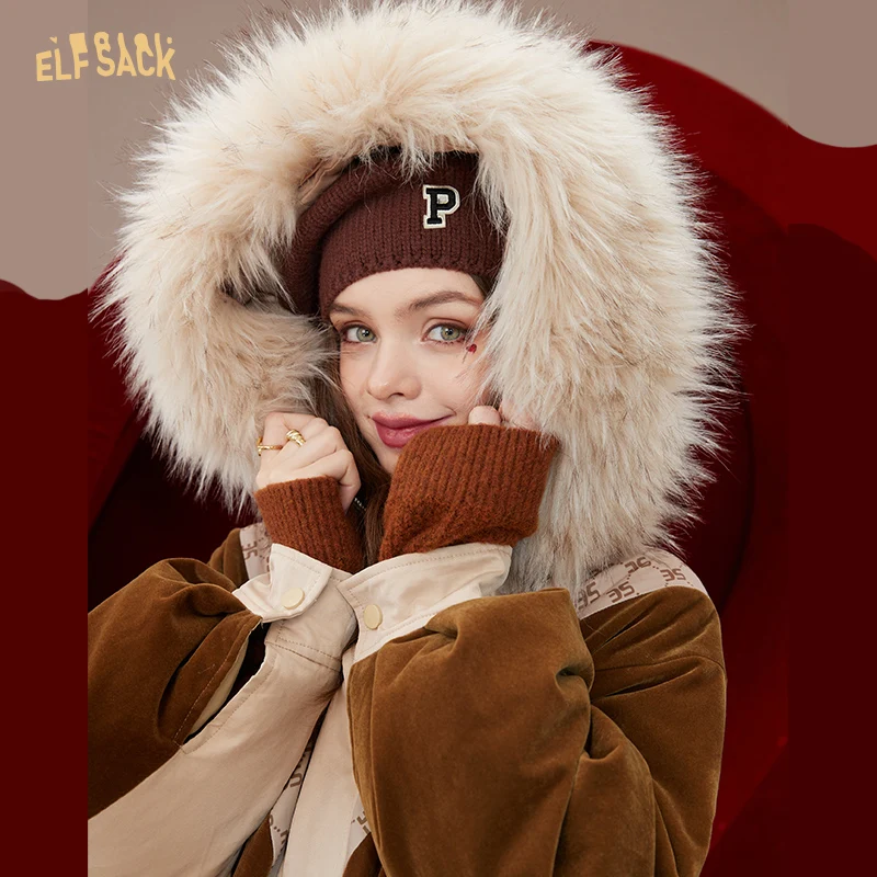 ELFSACK Spliced Down Coats Women 2022 Winter Warm Mid-length Outwears