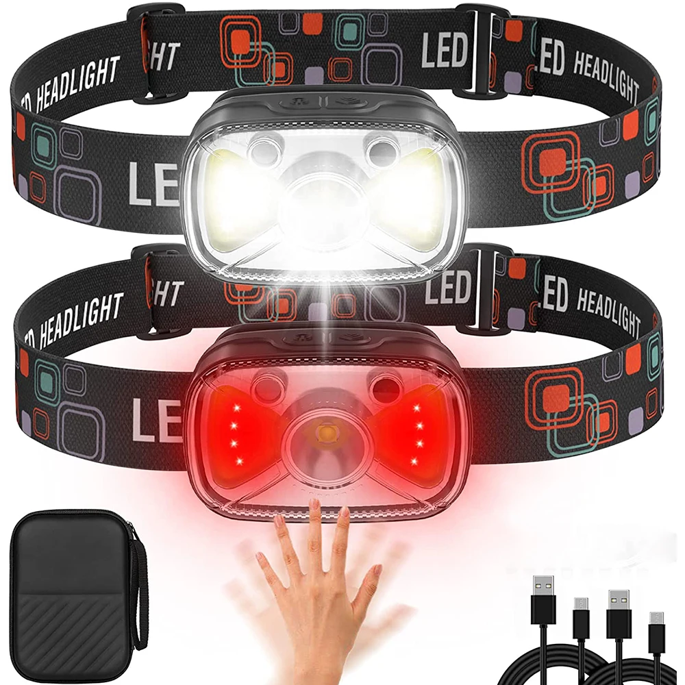 

7 Modes LED+COB Sensor Headlamp USB Rechargeable Camping Headlight White Red Lighting Outdoor Induciton Fishing Head Flashlight