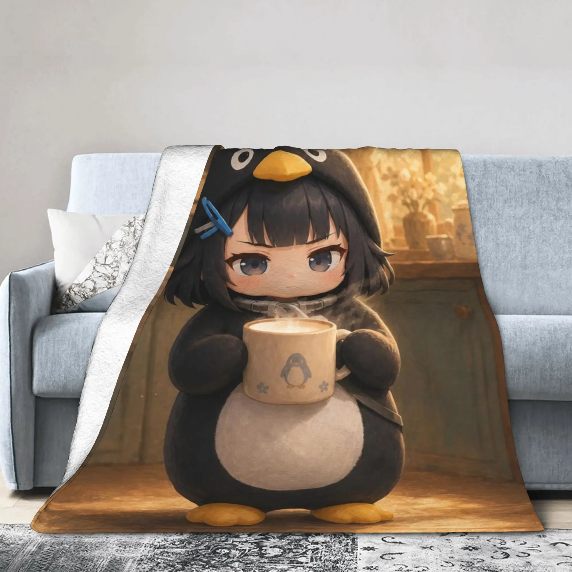 Фото Вязаное флисовое одеяло Gugu Gaga Penguin с рисунком пингвинов, теплое, для дома, дивана, кровати №2
