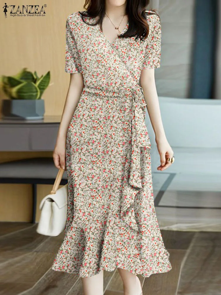 

ZANZEA Women Ruffled Hem Slim Wrap Dresses Elegant Short Sleeve Vestidos Draped Floral Print Bohemian Fashion V-neck Midi Dress