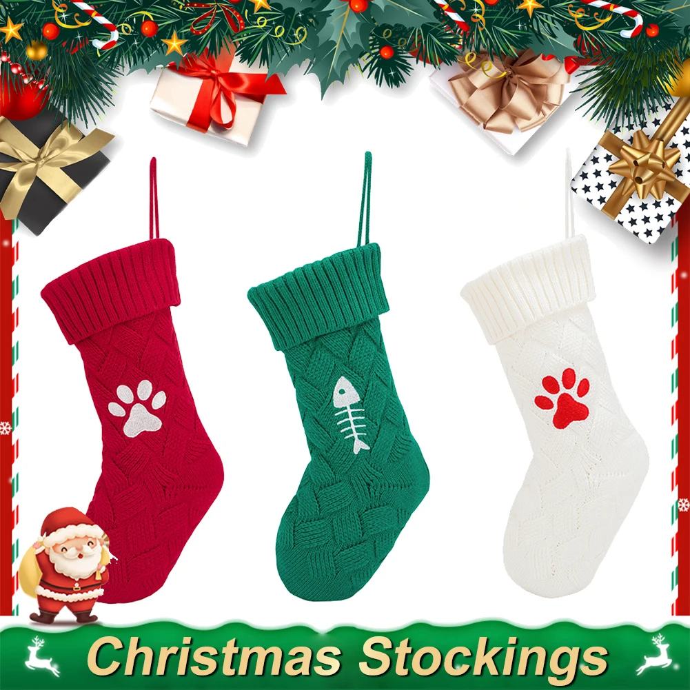 

Merry Christmas Knitted Stocking Durable Reusable Fireplace Hanging Socks Ornaments Happy New Year Decor Candy Gift Snacks Bag