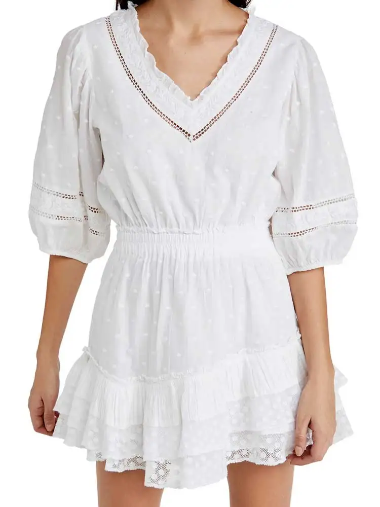 

Boho Inspired Embroidered polka dots white dress women V-neck Layered ruffle summer dress elegant ladies sweet party dress mini