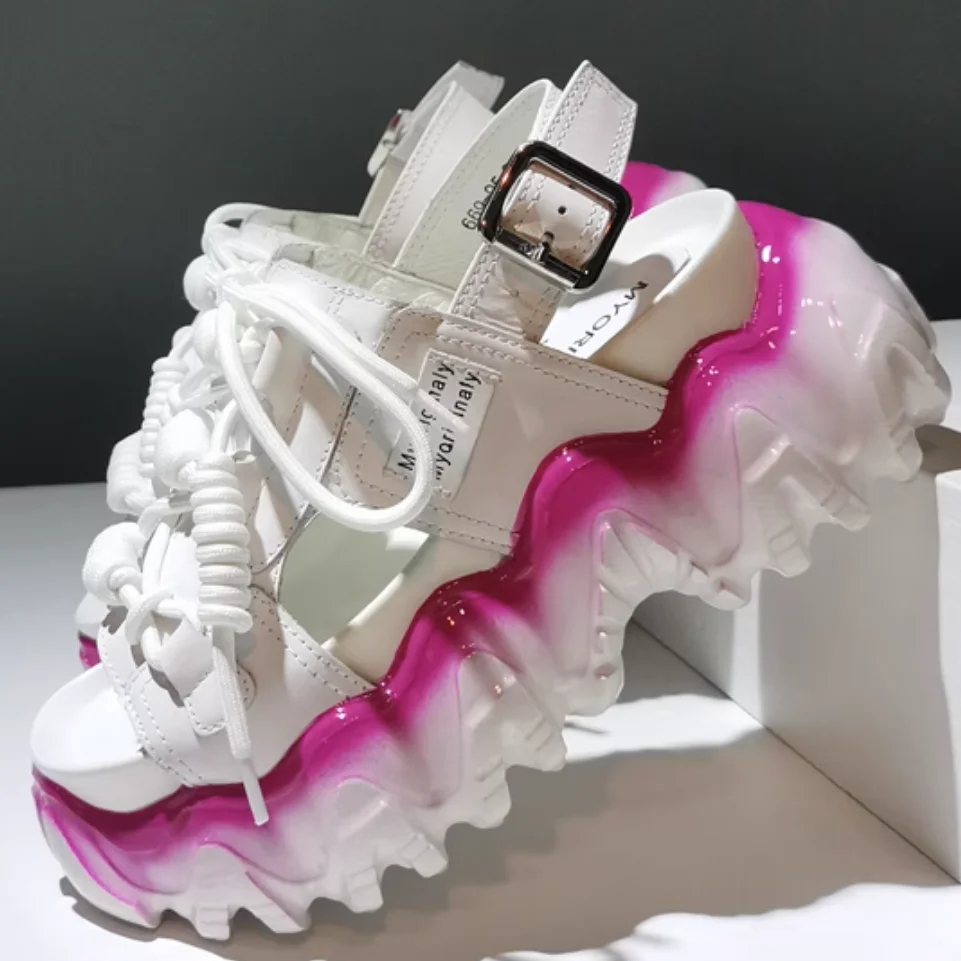 Koovan Women Sandals 2023 New Real Leather Increased Contrast Color Jelly Sponge Thick Bottom Leisure Shoes Sandals Female Girls