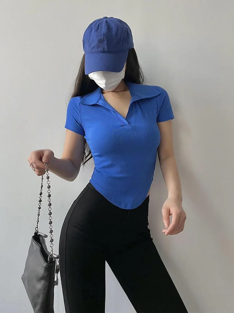 New TVVOVVIN 2022 Sexy Lapel Curved Hem T-shirt Women's Solid Color Tight-fitting Short-sleeved Thin Bottoming Top WNVR