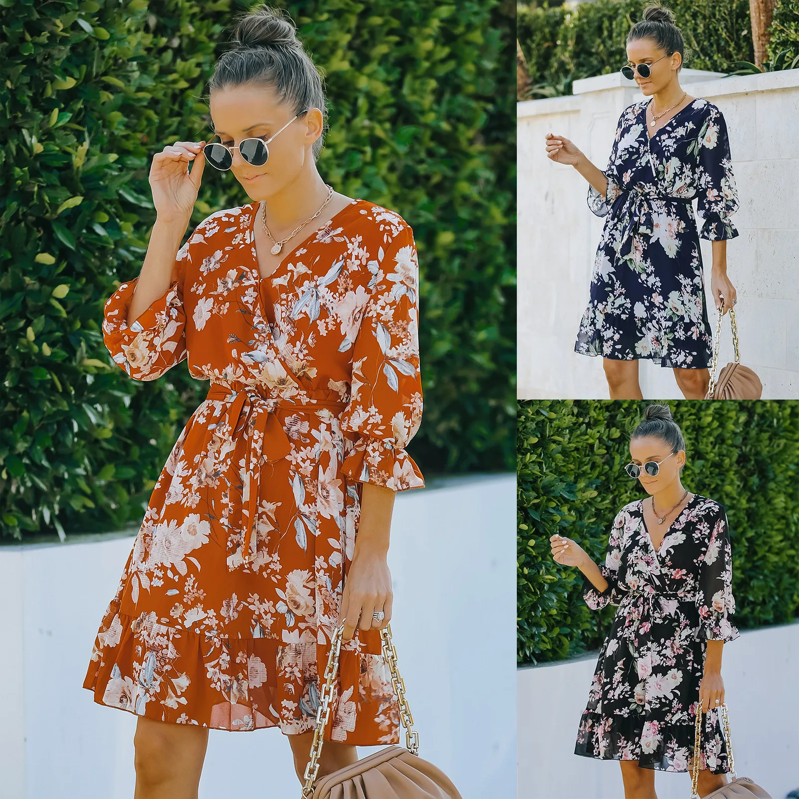 

2022 Women's Dresses Summer Cute Floral Pattern Black Navy Orange Prairie Chic Mini Short Casual Dress For Girls Women