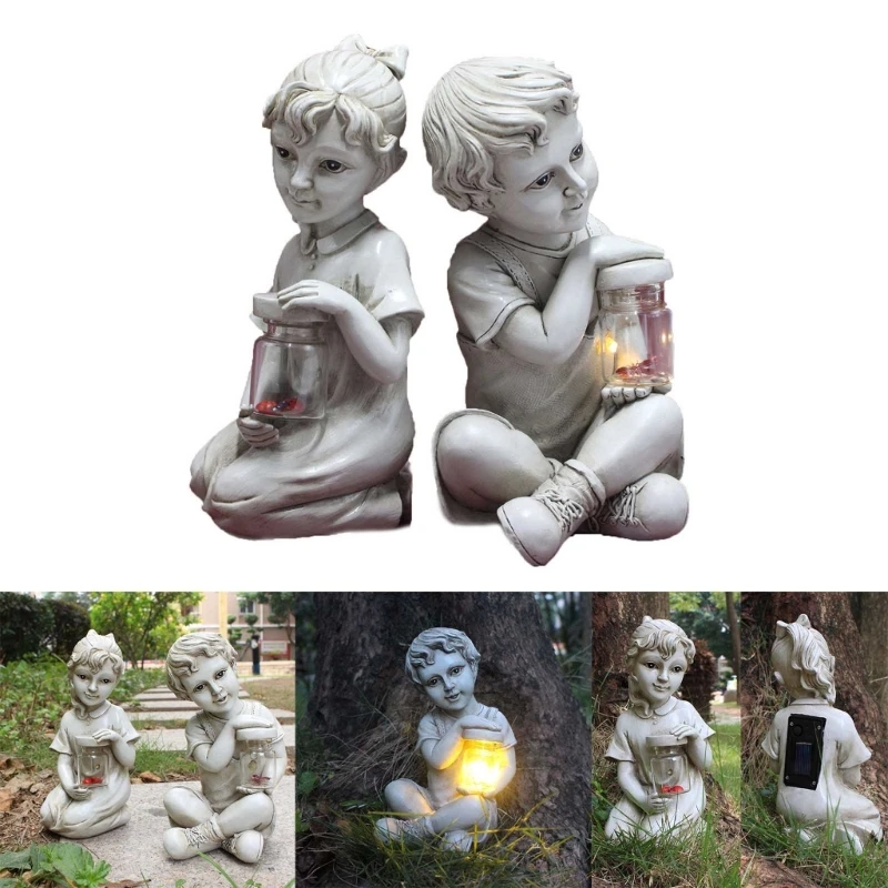 

Garden Solar Children Statues Boy Girl Statues Resin Kids Figurines Art Sculptures for Outdoor Lawn Patio Yard Decor