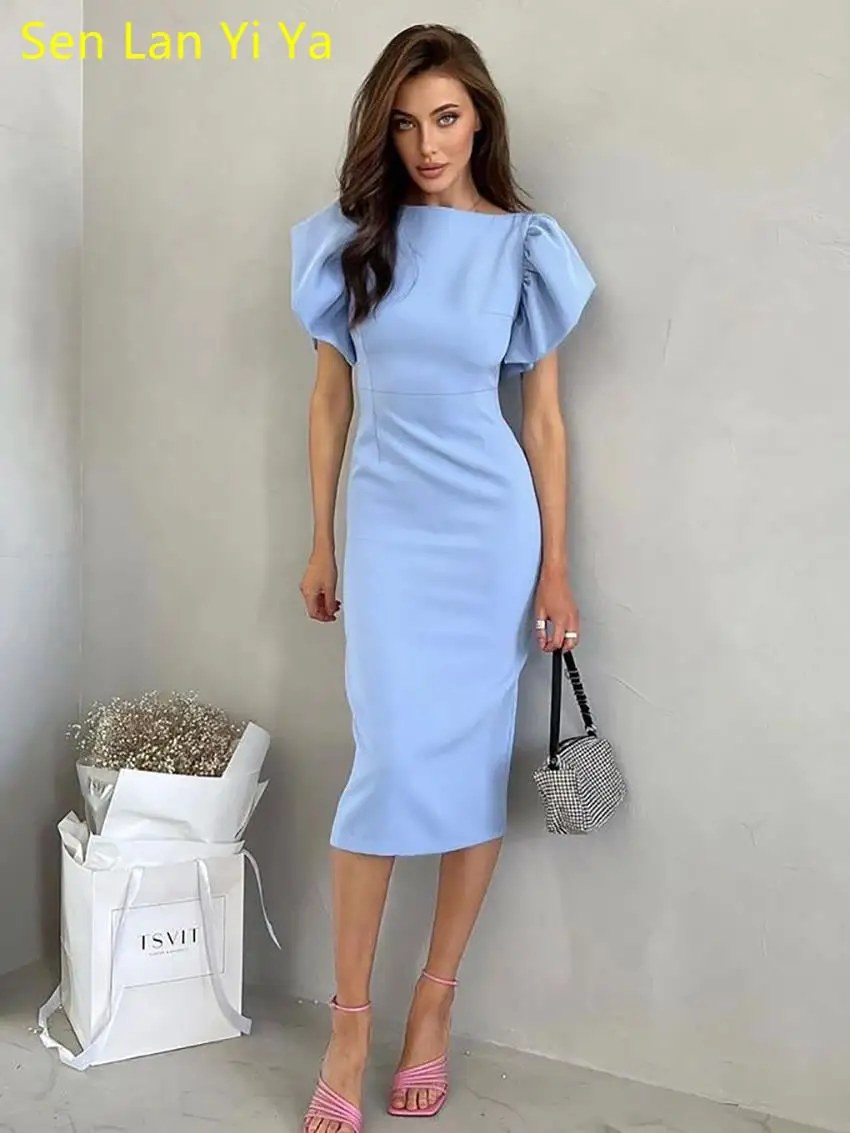 

Элегантное синее простое длинное платье Sen Lan Yi Ya2023, модное облегающее платье с высокой талией и рукавом-бабочкой, с разрезом, с запахом, для ягодиц, на лето