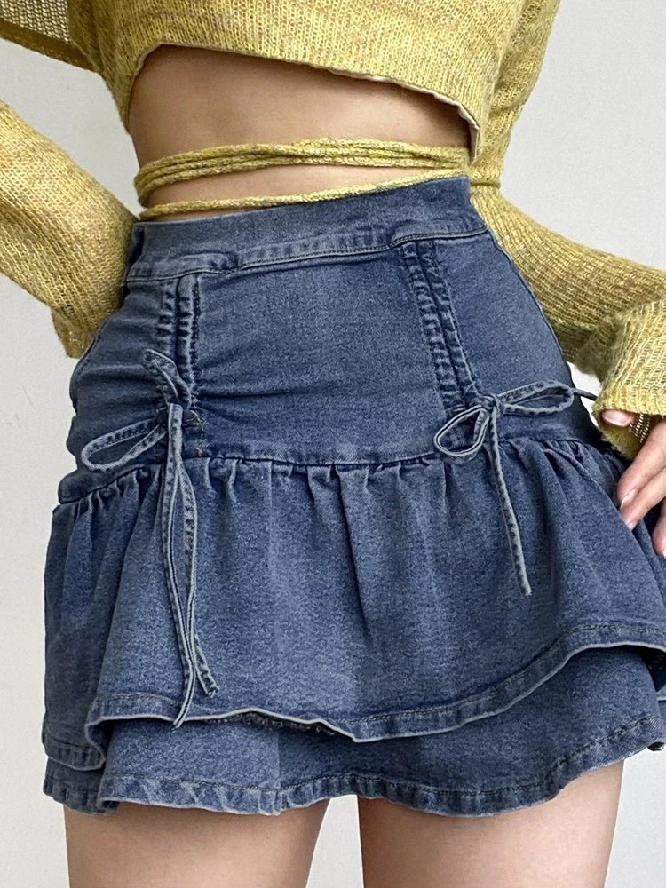 

Ruffles Hem Preppy Style Denim Skirts Womens Korean Fashion Ruched Tie Up Bow Cute Kawaii HighWaist Mini Y2K Jean Skirt