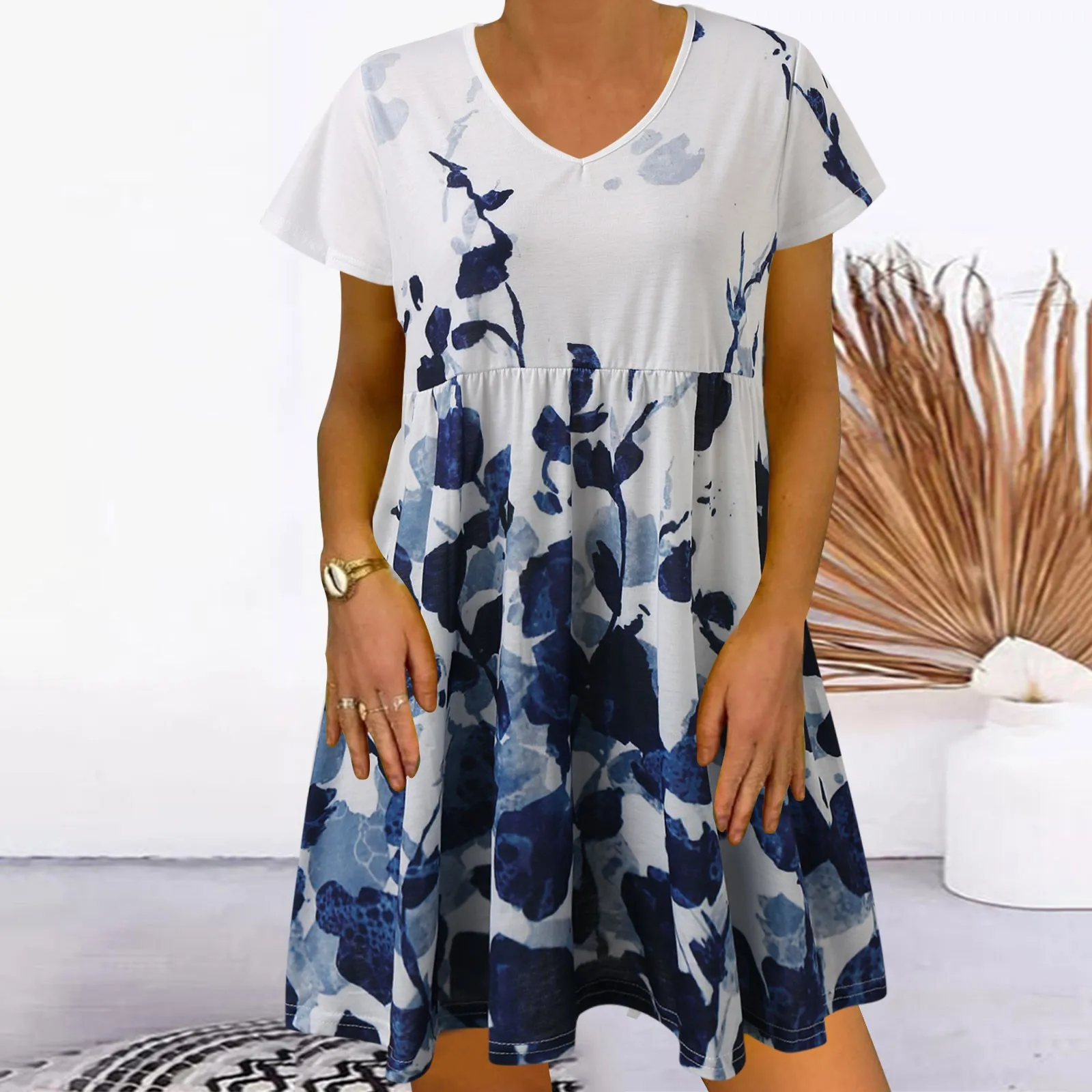 

Dresses For Women Fashion Casual Print V Neck Short Sleeve Splice Loose Dress Holiday Dresses