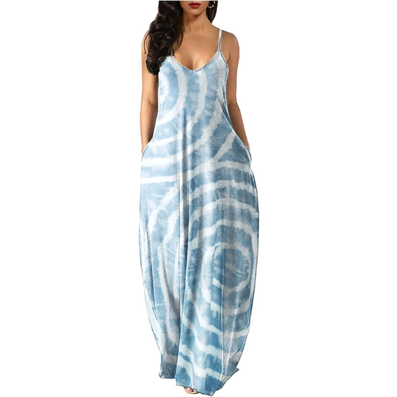 

Women Sleeveless Sexy V-Neck Boho Circle Print Pockets Maxi Long Sling Dress