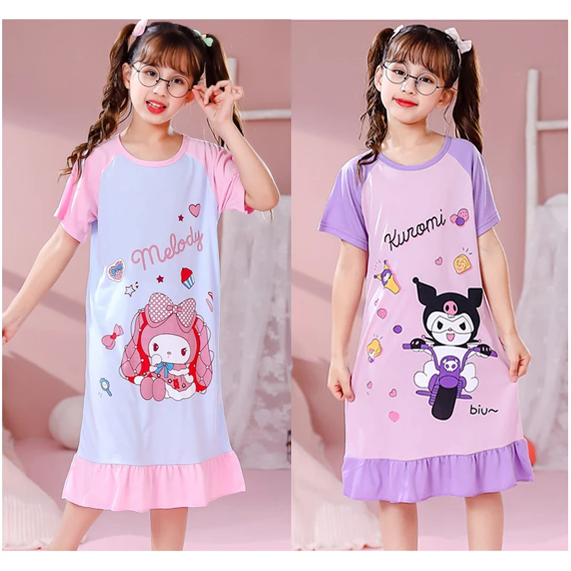 

Детская Пижама Sanrios Cinnamoroll Kuromi My Melody с коротким рукавом, милая летняя домашняя одежда для девочек, ночная рубашка