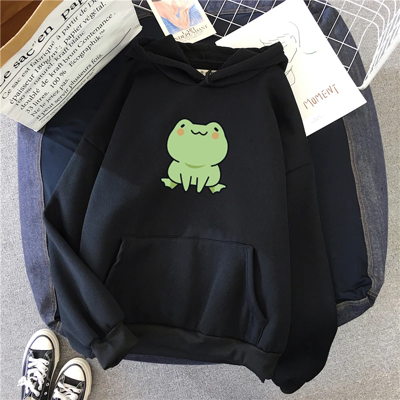 

Black Frog Sweatshirt Loose Clothes Harajuku Long Sleeve Hooded Kawaii Hoodies Women American Coat Embroidery High Street Loose