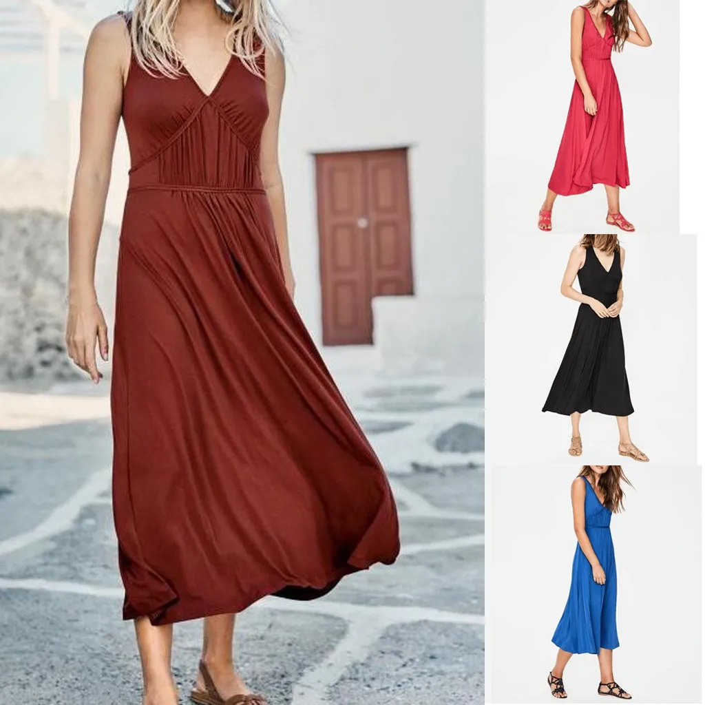 

Women's Casual Fashion Simple Comfortable V-neck Sleeveless Waist Loose Dress Ruffle Womens Dress