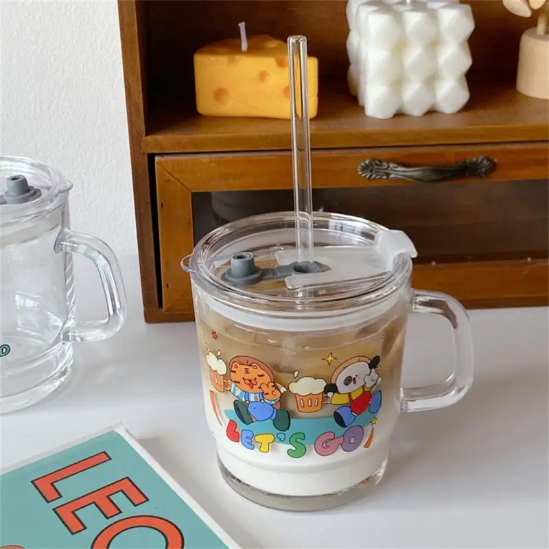 

Cartoon Cup High And Low Temperature Resistance Sippy Cup Drinking Utensils Glass Puppy Pattern 10cm High Cup With Lid 400ml