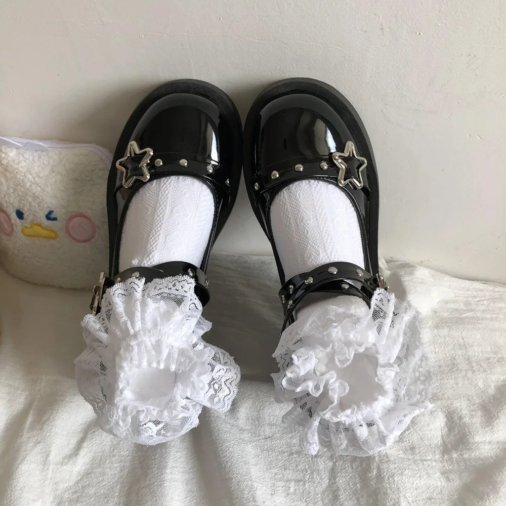 Women Pumps Round Toe Chunky Lolita Shoes Star Buckle Mary Jane Shoes Rivet Cross-tied Platform Leather Gothic Cosplay Shoes