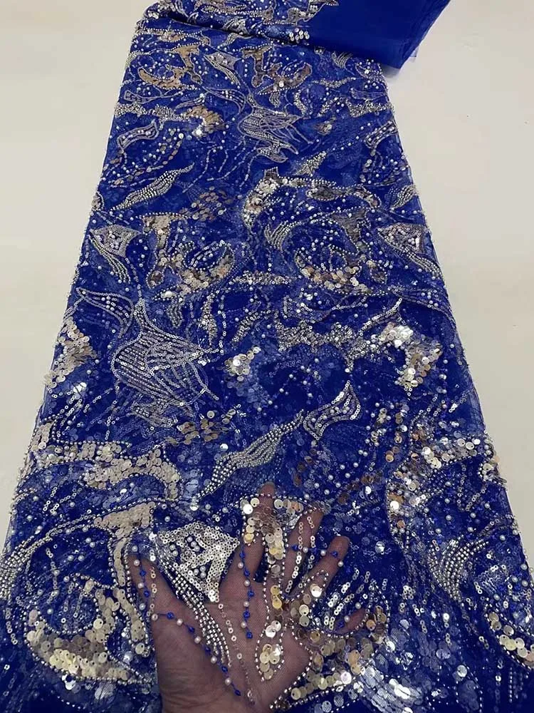 

Hot Fashion African Embroidered Sequins Mesh Lace Fabric Top Quality Beaded Sewing Material For Nigerian Wedding Party Dress 5Y