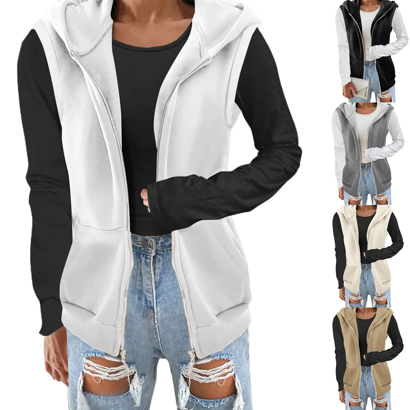 

Толстовка Женская на молнии, повседневный утепленный жилет без рукавов, на молнии, базовая толстовка с капюшоном, свитшот с длинным рукавом ...