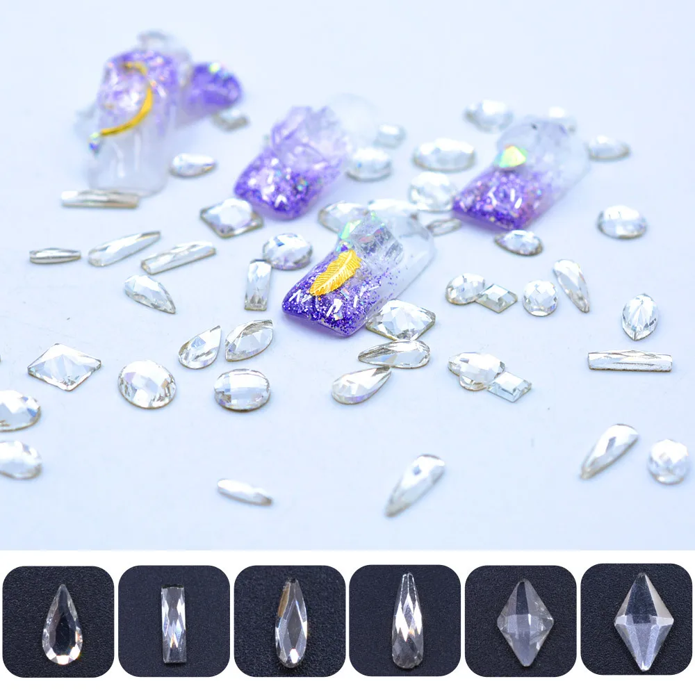

100PCS/PACK 24 Styles Gold Bottom Special-shaped Glass Diamond Nail Decoration 3D Shiny Crystal Nail Rhinestones