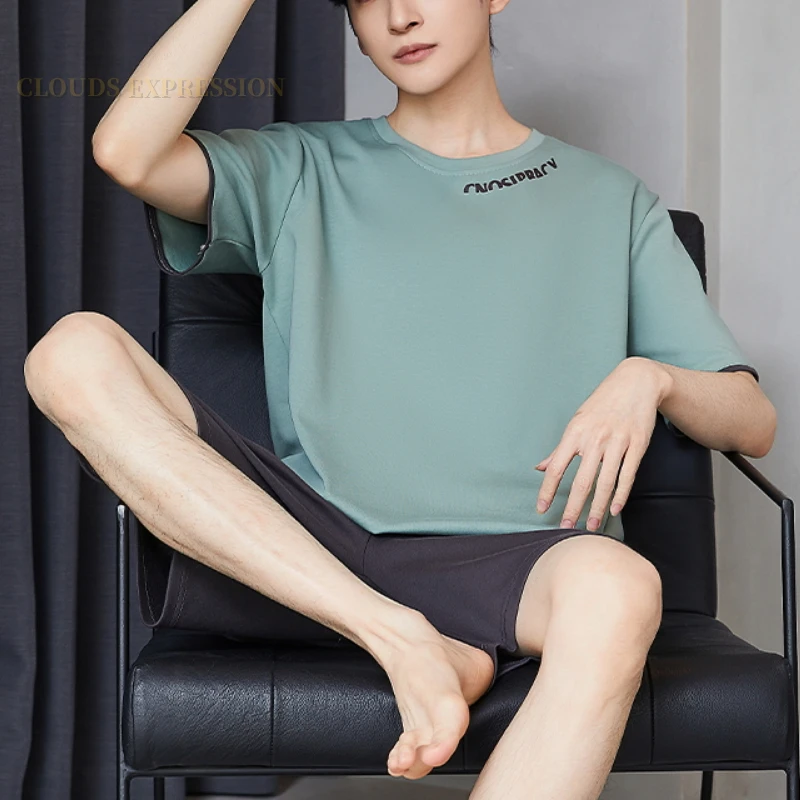 Пижамный комплект Pjs мужской с коротким рукавом трикотажный клетчатая Пижама