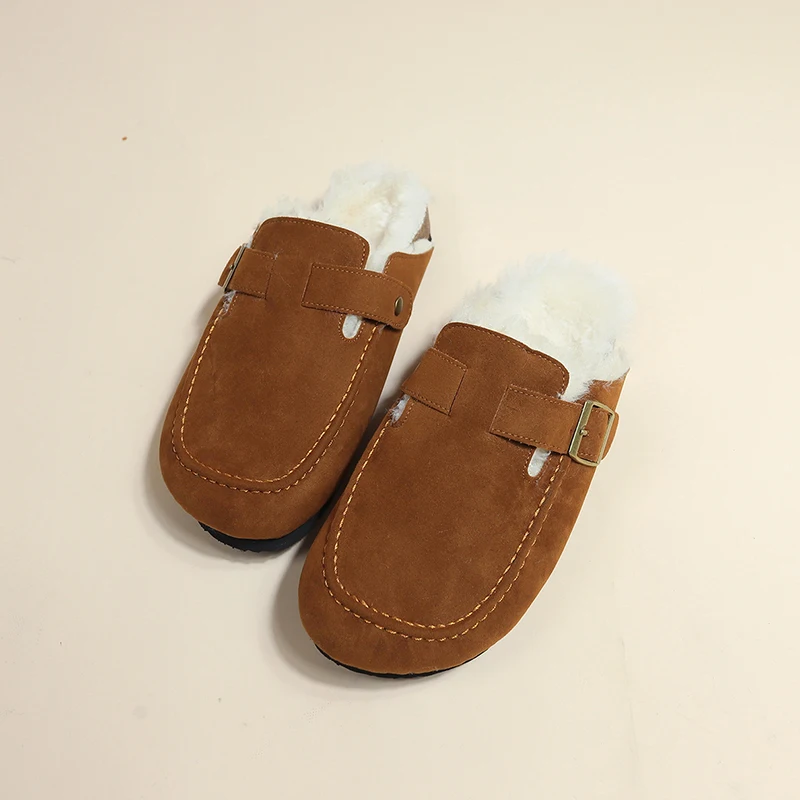

2023 Winter New Fashionable Round Toe Frosted Leather Flat Button Strap for Warm and Comfortable Large Slippers Women's Shoes