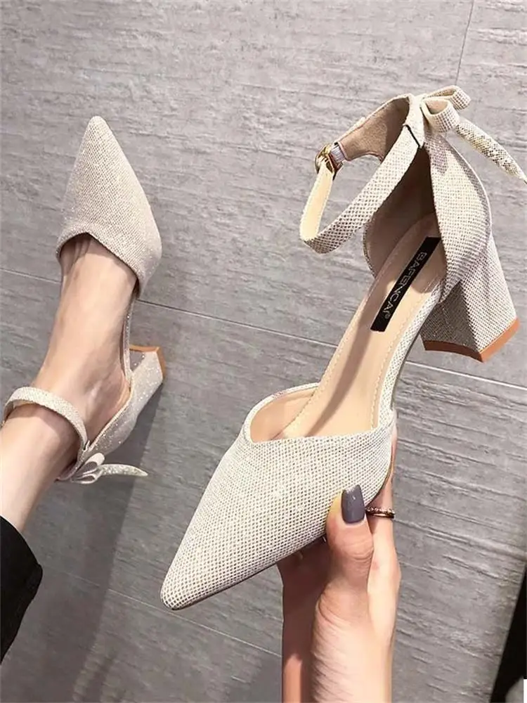 

2022 Women's High Heels Spring Pointed-Toe Bowknot All-Match Buckle Sandals 3133