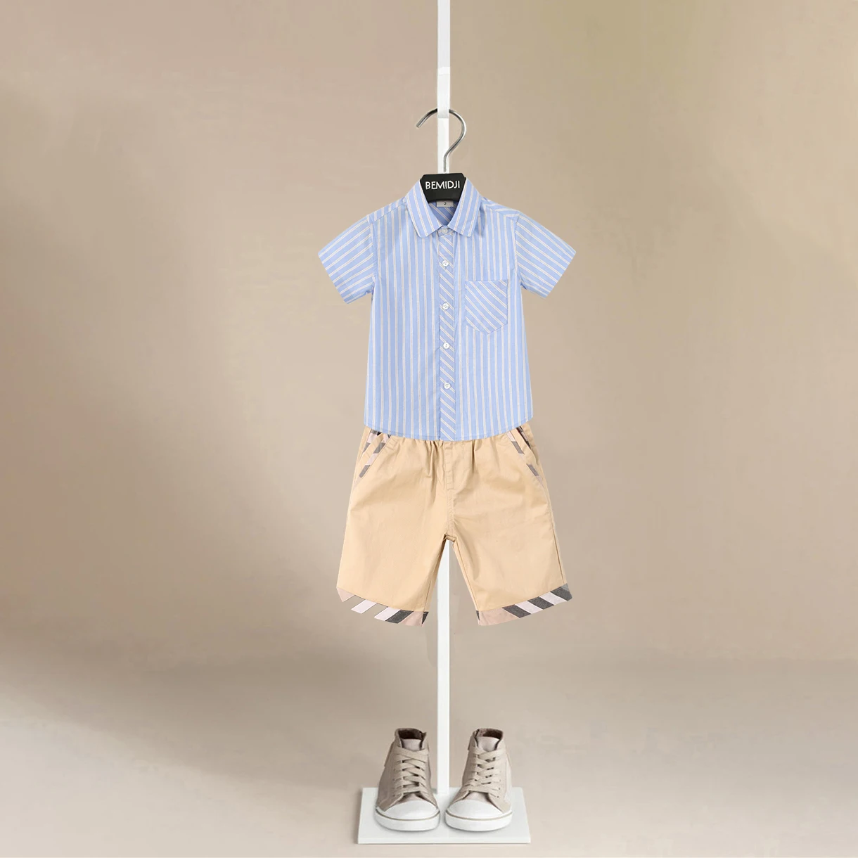 

Top and Top Hawai Boy Clothing Set Summer Fashion striped Short Sleeve blue Shirt+Shorts Boy Casual Clothes Gentleman 2Pcs Suit