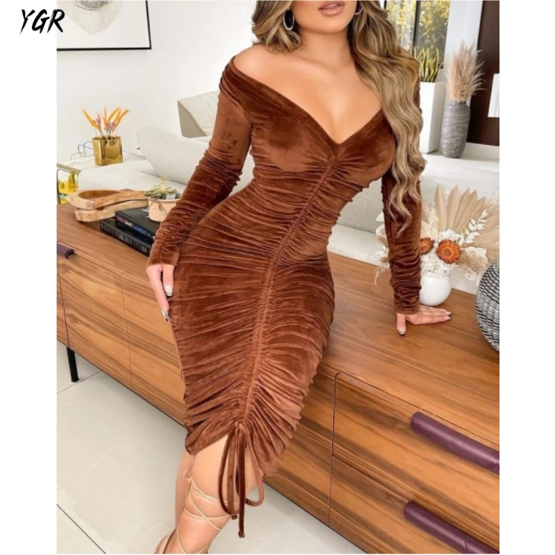 

Women Sexy Velvet Dress Bodycon Red Vestido Midi Pink Long Sleeve Green Off The Shoulder Dresses Vestidos Robe Pink Party Rouge