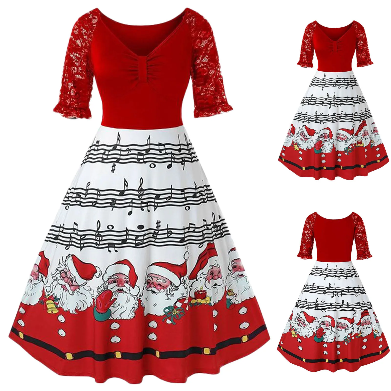 

2023 красное винтажное рождественское платье с большим принтом, Женское зимнее повседневное кружевное лоскутное платье с v-образным вырезом, сексуальное Новогоднее вечерние платье