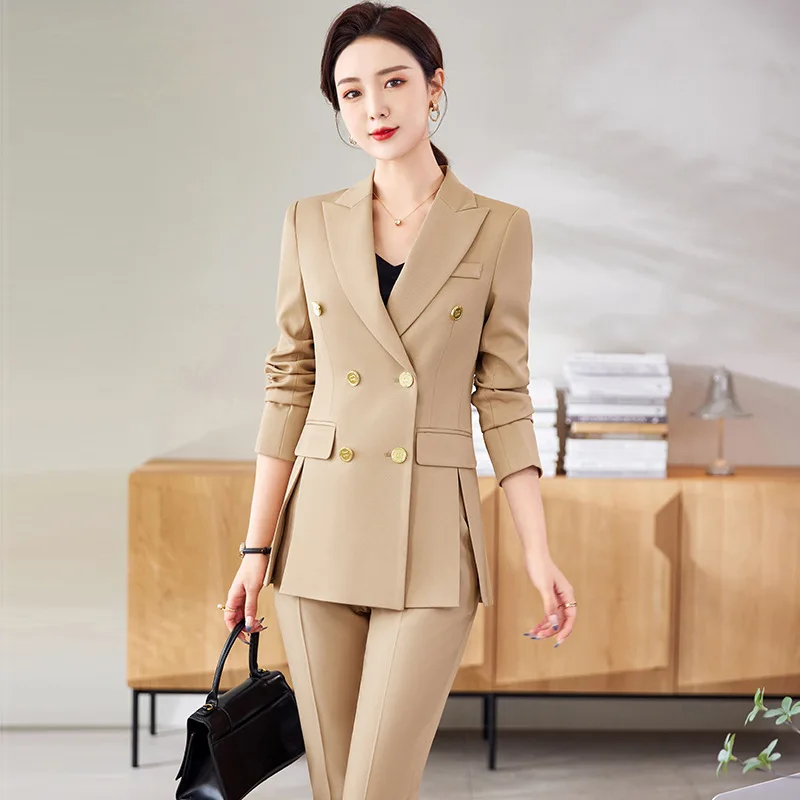 Pink Black Khaki Women Business Pant Suit Double Breasted Blazer Jacket and Trouser Office Ladies Work Wear Formal 2 Piece Set