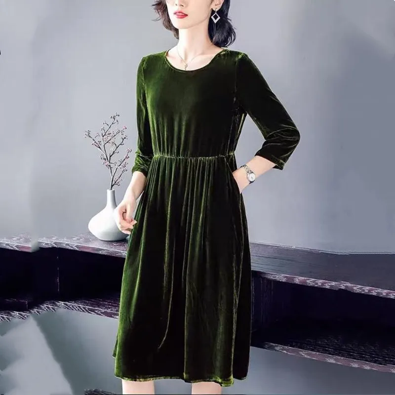 

Новые бархатные платья для женщин, весна-осень 2022, винтажное Плиссированное велюровое праздвечерние чное платье с рукавом три четверти