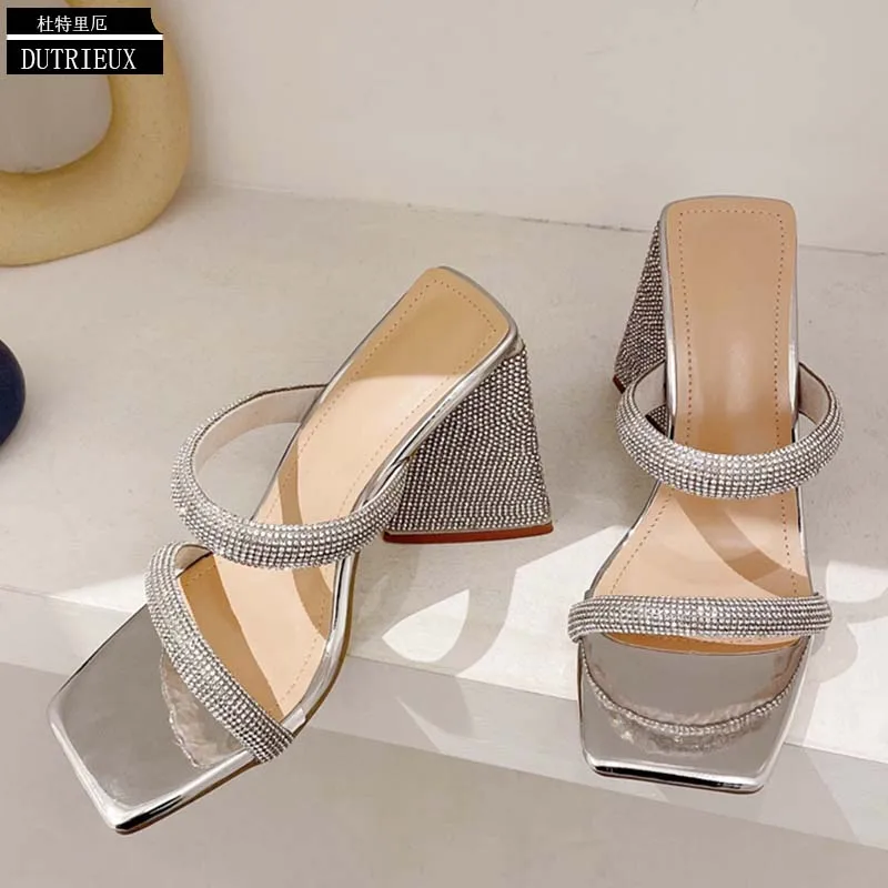 Women Pumps Luxury Rhinestone Elegant High Heels Square Toe 2023 Slides Designer Fashion Party Ladies Sandals New Female Shoes