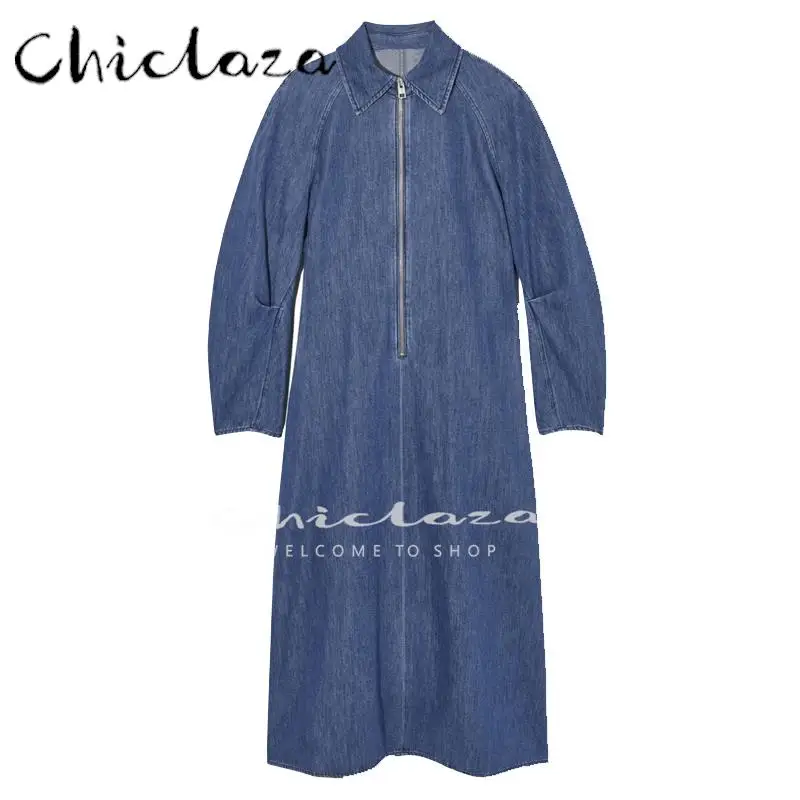 

CHICLAZA 2022 Autumn Women Fashion Long Zipper Denim Dress Female Long Sleeve Pleated Dresses
