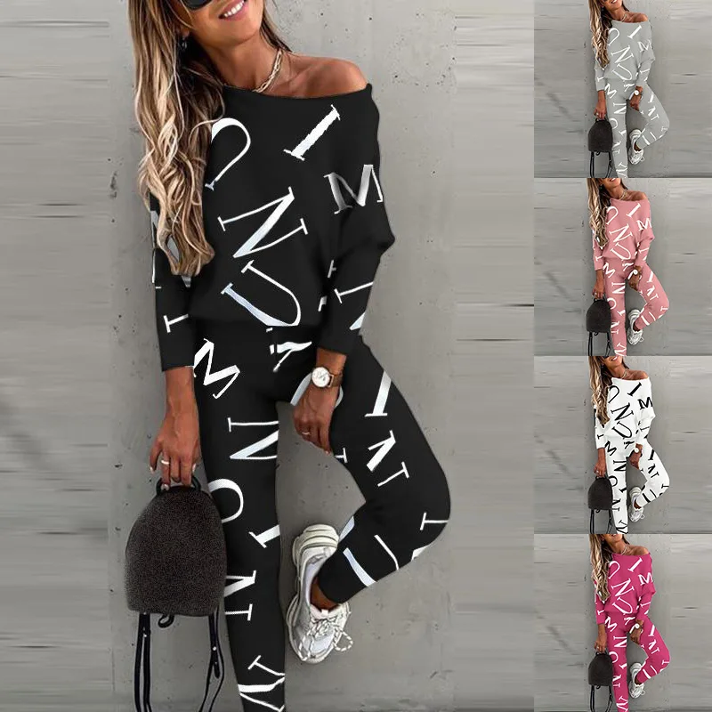 

Autumn Casual Sports Tracksuit Womens Outfits Print Letter Round Collar Shirt Sweatshirts Pants Suit Ensemble Femme 2 pièces Set