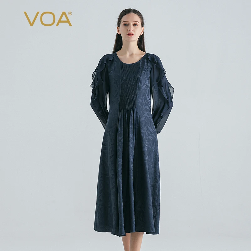 

(Fans Exclusive Discount) VOA Silk Jacquard Navy O-neck Long Sleeve Dresses Elegant Vintage Racerback Ruffle Silk Dress AE1866