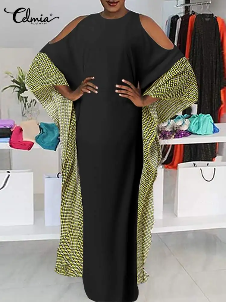 

2022 Women Casual Bat Sleeve Robes Celmia Vintage O-neck Stitching Long Maxi Dress Spring Baggy Off Shoulder Elastic Vestidos