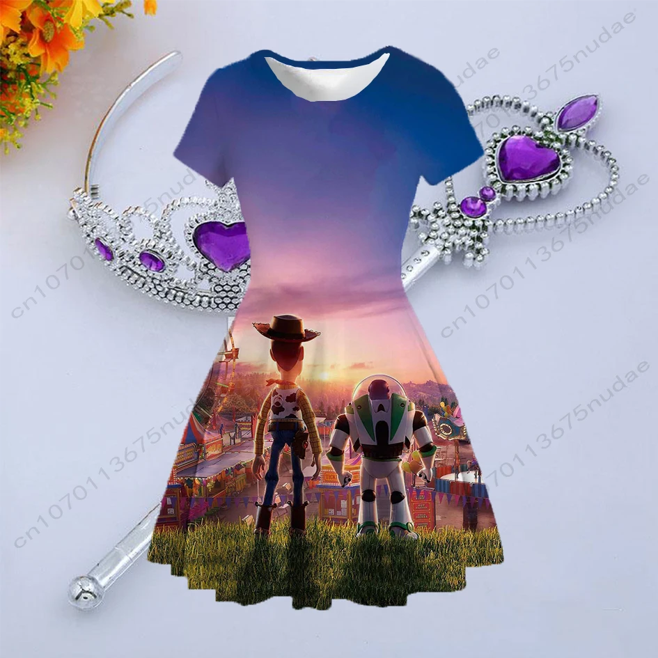 

2022 Summer Children's Clothing Girls Dress Disney Buzz Lightyear Print Round Neck Short Sleeve Casual Cute Dress