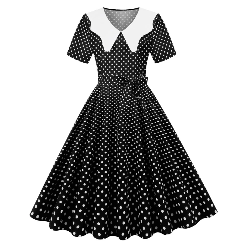 

Women Summer Fashion Short sleeve V Neck Polka Dot Printed Bow Vintage retro Rockabilly pin up Skater dress