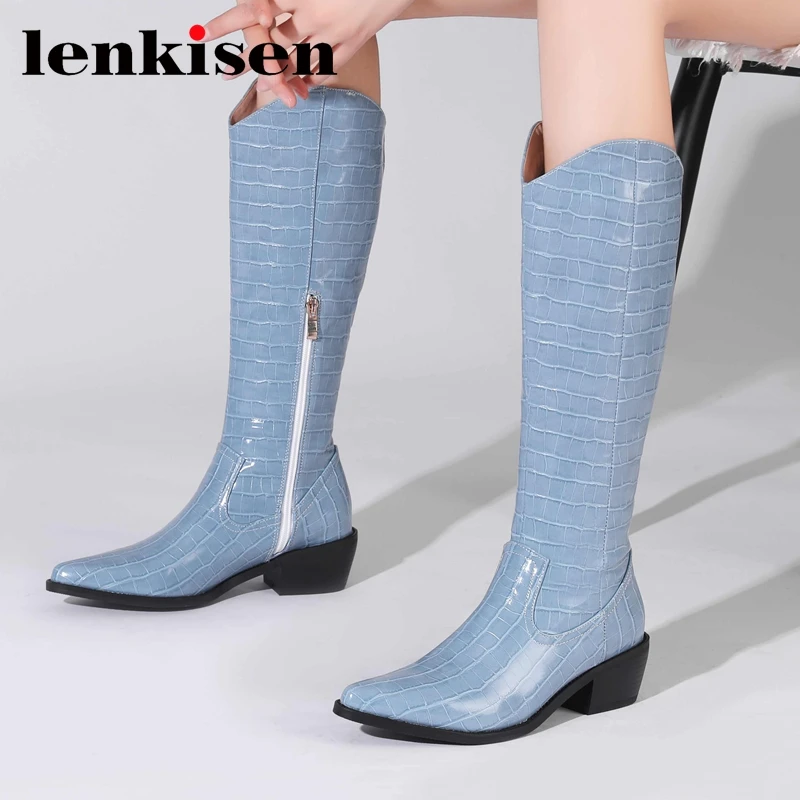 

Lenkisen Large Size Pointed Toe Med Heel Western Boots High Street Fashion Young Lady Daily Wear Zipper Thigh High Boots L0f1
