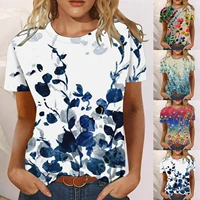 2022 new vintage printing lady t shirt floral 3d print round neck casual niche design sense clothing female tops short sleeve