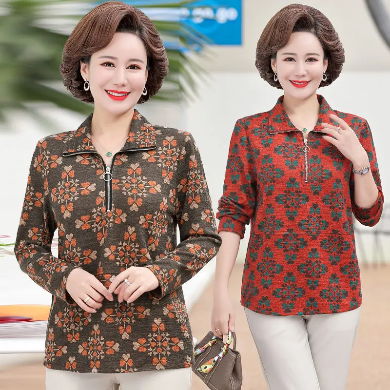 

2022 New Long Sleeve Turn Down Collar Print T-Shirt Middle-Aged Women Spring Autumn Bottoming Shirt Mother Pullover Tops Tee B76
