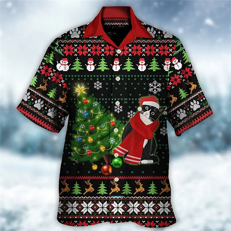 

Рождественская Мужская рубашка с лацканами на пуговицах, футболка с коротким рукавом, топ с рисунком рождественского кота, праздничная вечерние рубашка для мужчин, одежда, гавайская блузка