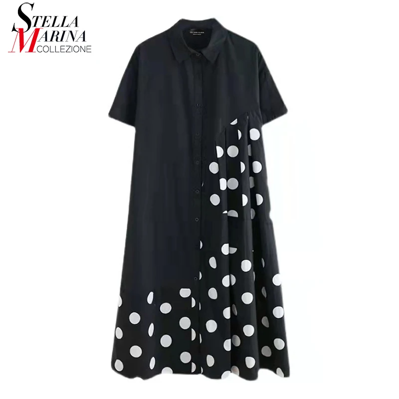 

New Short-Sleeve Woman Black White Polka Dots Printed Long Dress Polo Neck Straight Girls Cute Casual Long Dress Style MJQ2009