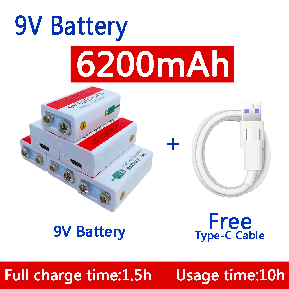 

9V battery 6200mAh li-ion Rechargeable battery Type-C Battery 9V USB lithium for Multimeter Microphone Toy +USB charging cable