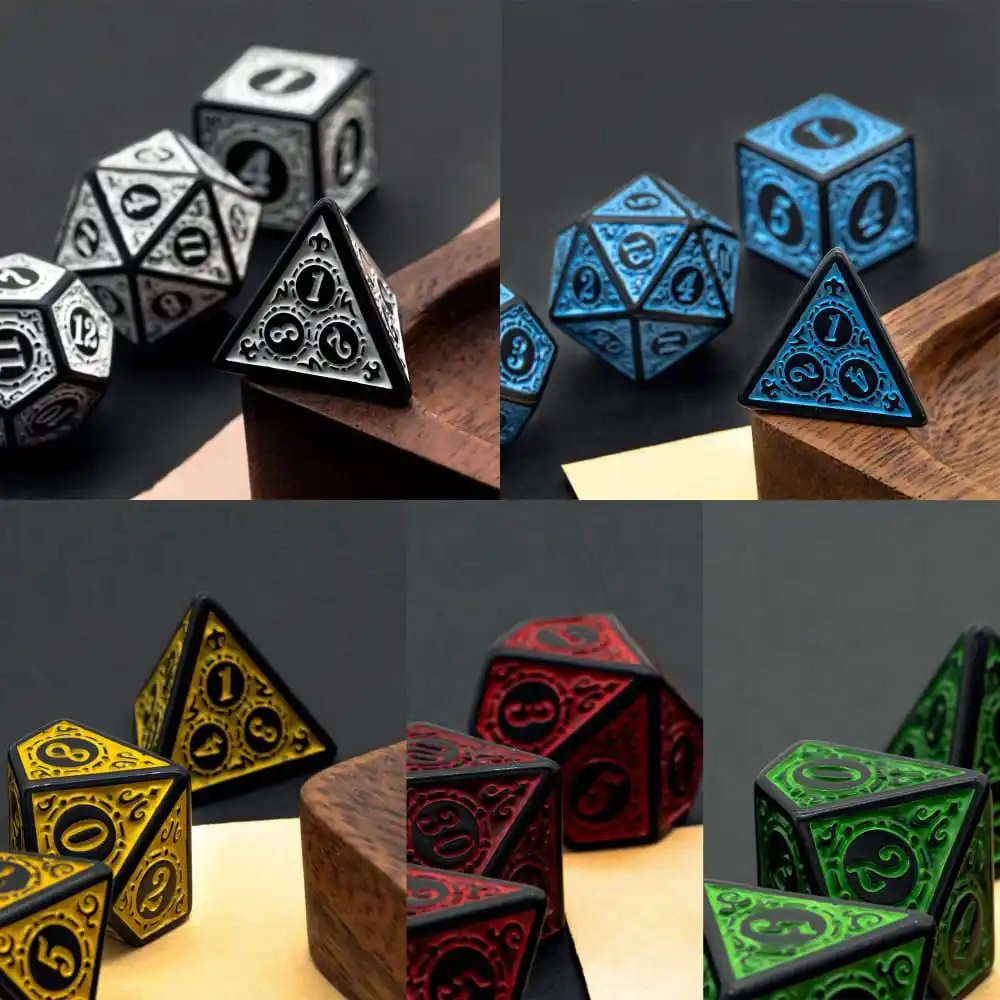 

Poludie 7Pcs/Set Dice Set DND D4~D20 Rune Window Lattice Polyhedral Dice for WarHammer Role-Playing Board Card Games RPG D&D