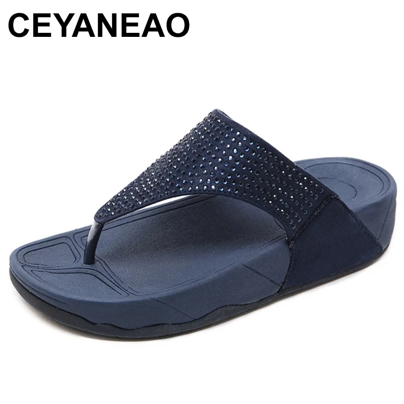 

Highquality Casual Slippers Women's Leather Slope Heel Rhinestone Soft Thick Bottom Large Size Work Clothes Herringbone Slippers