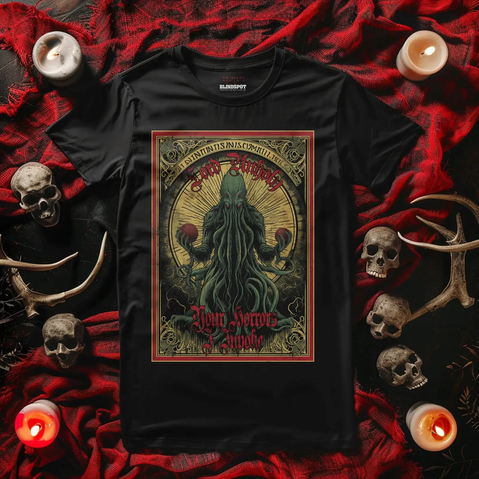 Фото Футболка Lord Unholy Your Horrors I Invoke в стиле Лавкрафта, Ктулху, готика, хоррор, оккультизм, черный металл, винтажная, с эффектом потертости, повседневная №1