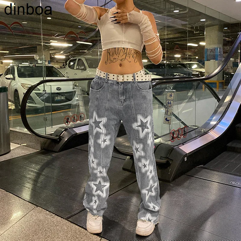 

Винтажные мешковатые джинсы с принтом пентаграммы, женские джинсы в стиле High Street с эффектом потертости и низкой талией, 2022, Свободные повсед...