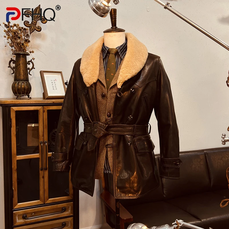 

PFHQ Autumn Men's Leather Lamb Fur Collar Mid Length Coat Tide Warm Design Solid Color Cool Handsome Casual New Jackets 21Z1459